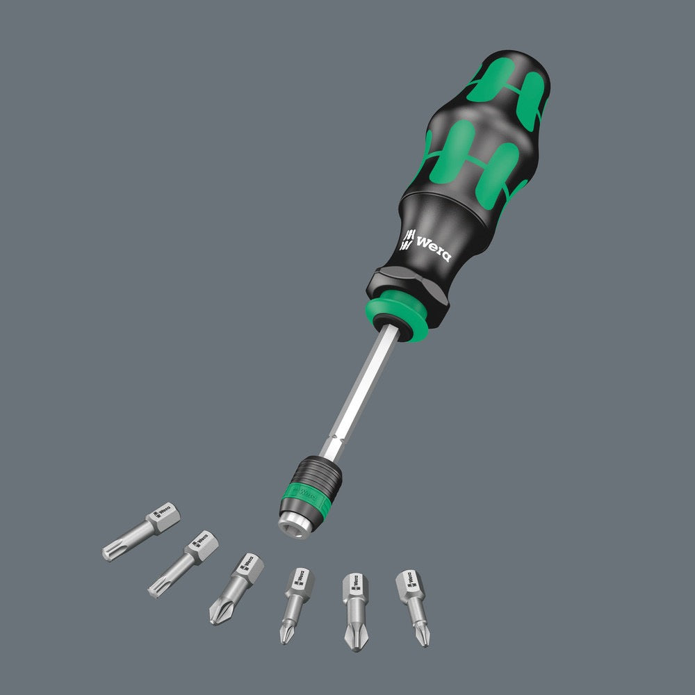 Wera Tools 7-Piece Kraftform Kompakt Screwdriver with Rapidaptor extended and selection of bits