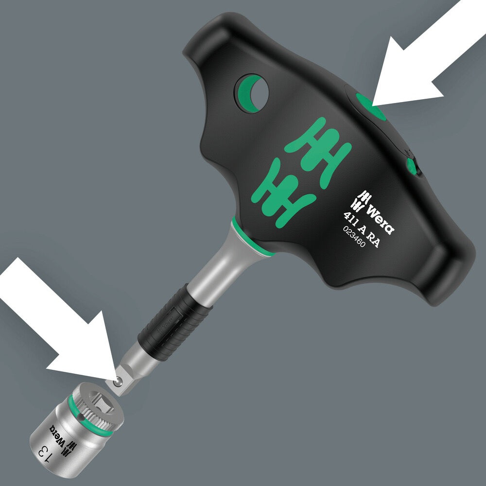 Wera Tools 9-Piece Kraftform Kompakt T-Handle Ratchet Set release button for socket