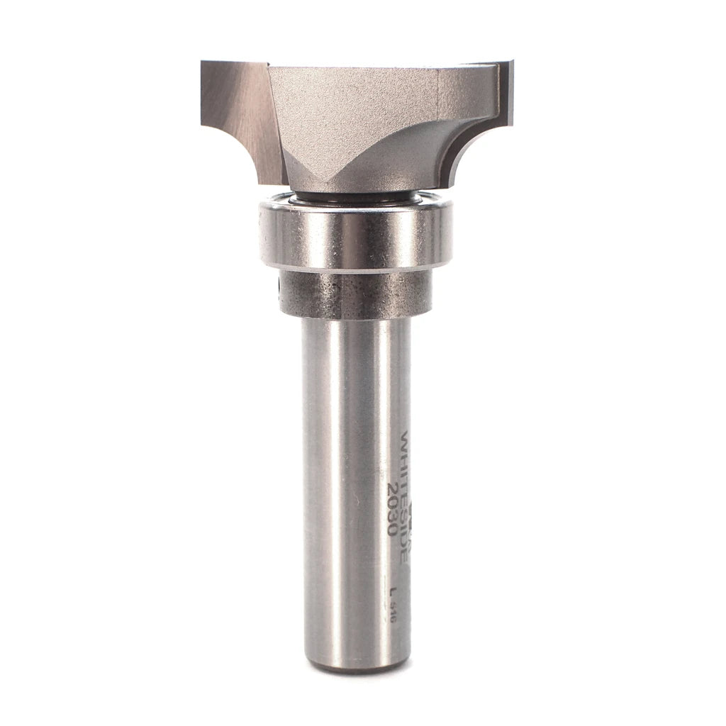 Whiteside 1/4" radius carbide tipped roundunder bit with 1/2" shank and top ball bearing and lock collar.