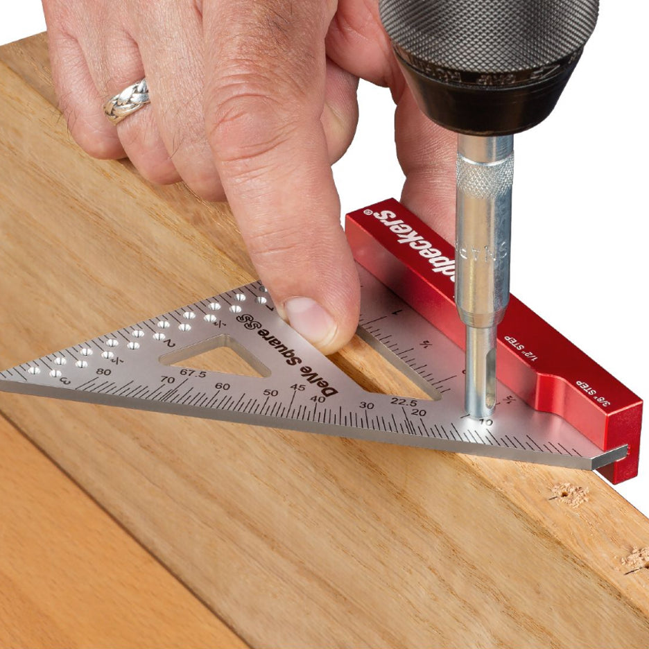 Woodpeckers Stainless Steel DelVe Square has a countersunk hole for drilling holes in the middle of 3/4 inch thick boards.