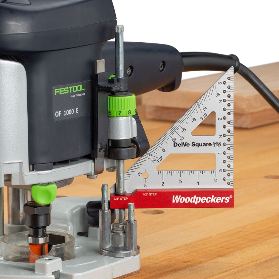 Woodpeckers Stainless Steel DelVe Square has 3/8 inch reduced thickness base, used to set router plunge depth