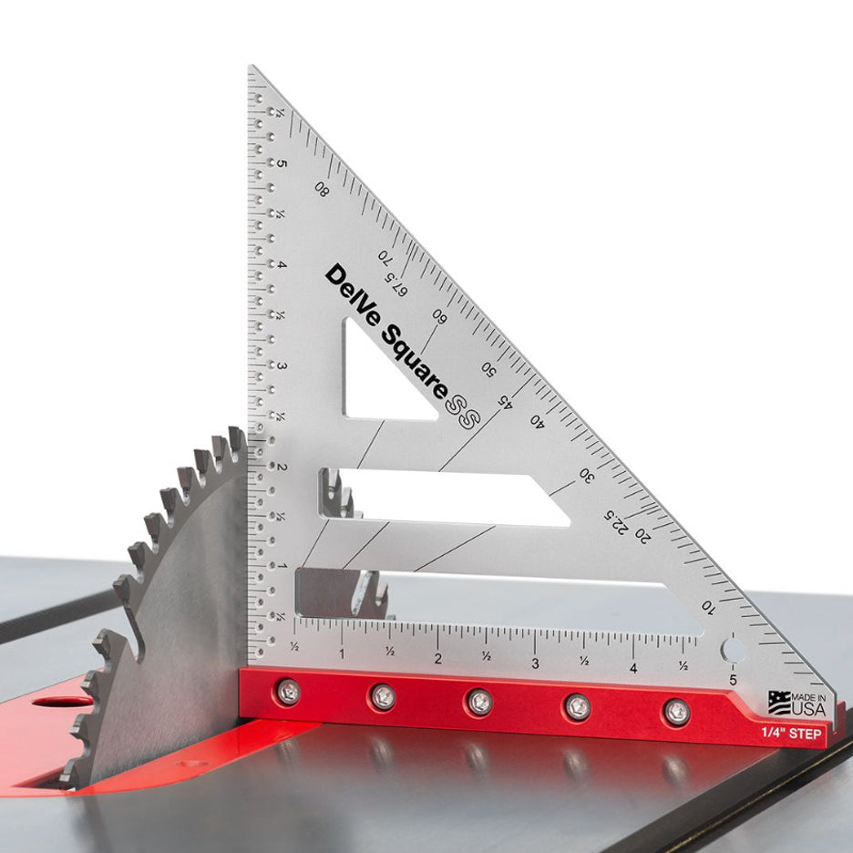 Woodpeckers Stainless Steel DelVe Square setting table saw blade at 90 degrees.