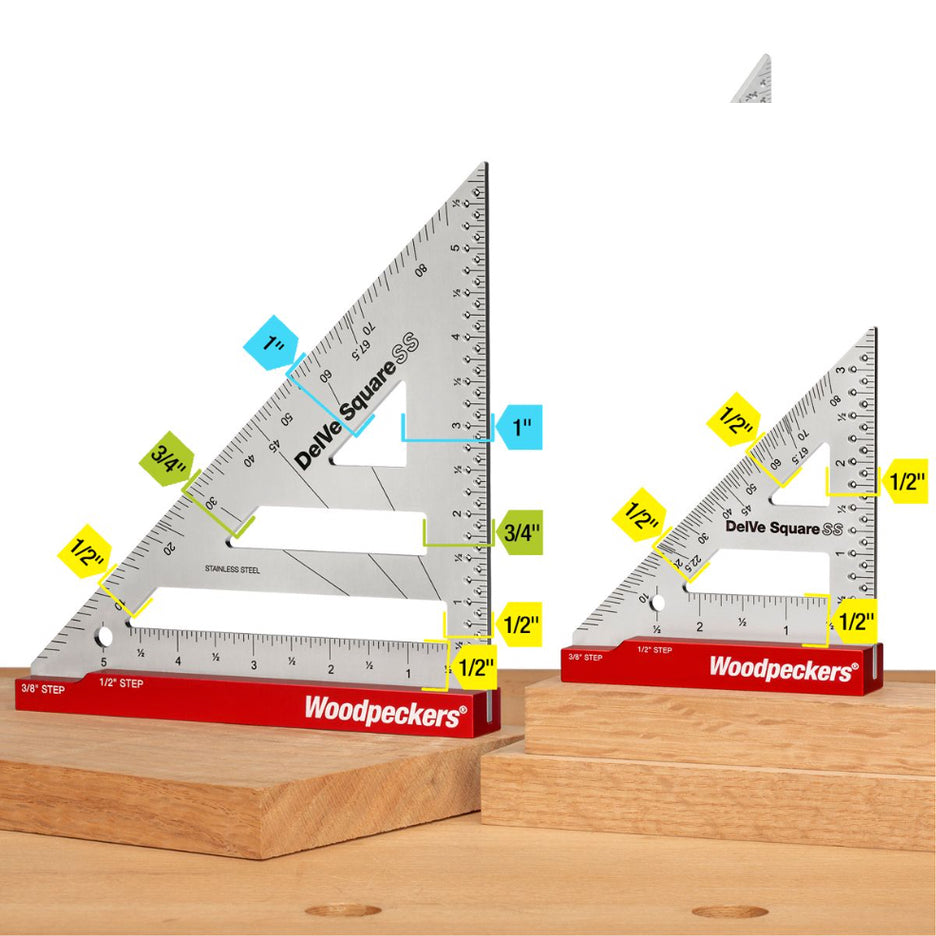 Woodpeckers Stainless Steel DelVe Squares have offset cutouts for easy marking.
