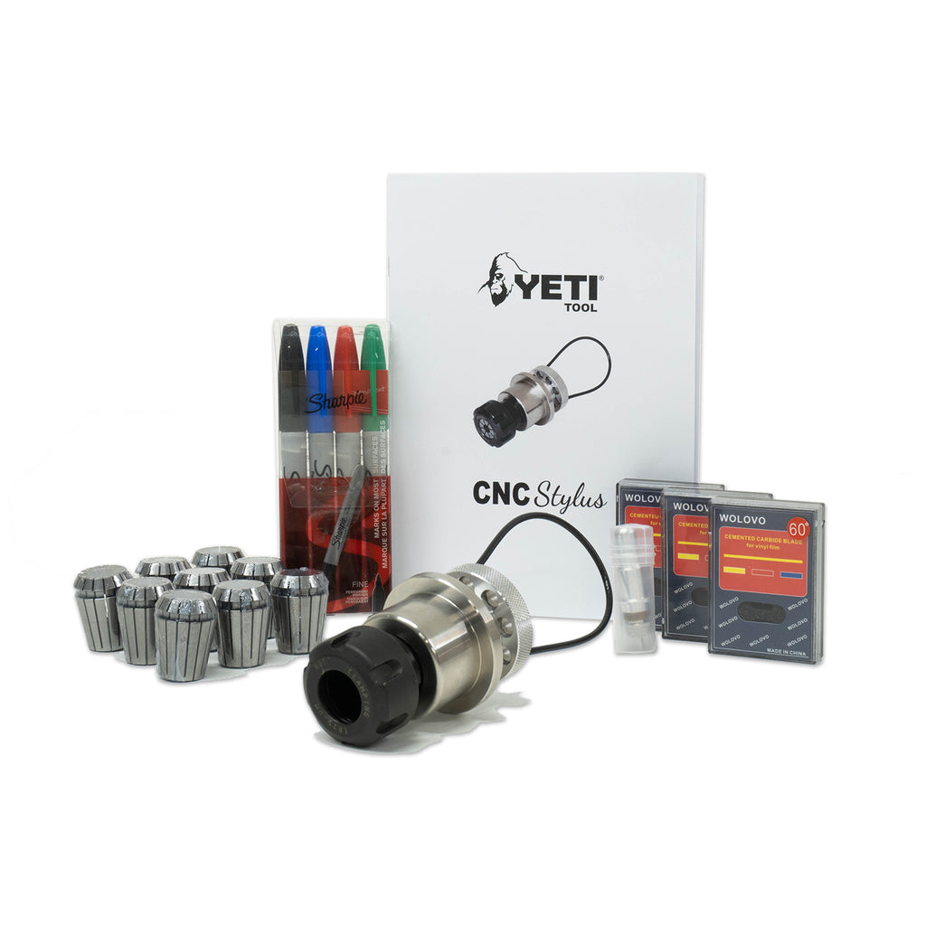 The Yeti Tool CNC Stylus includes 8 collets, vinyl cartridge and 3 blades, 4 Sharpie markers, and quick start guide.