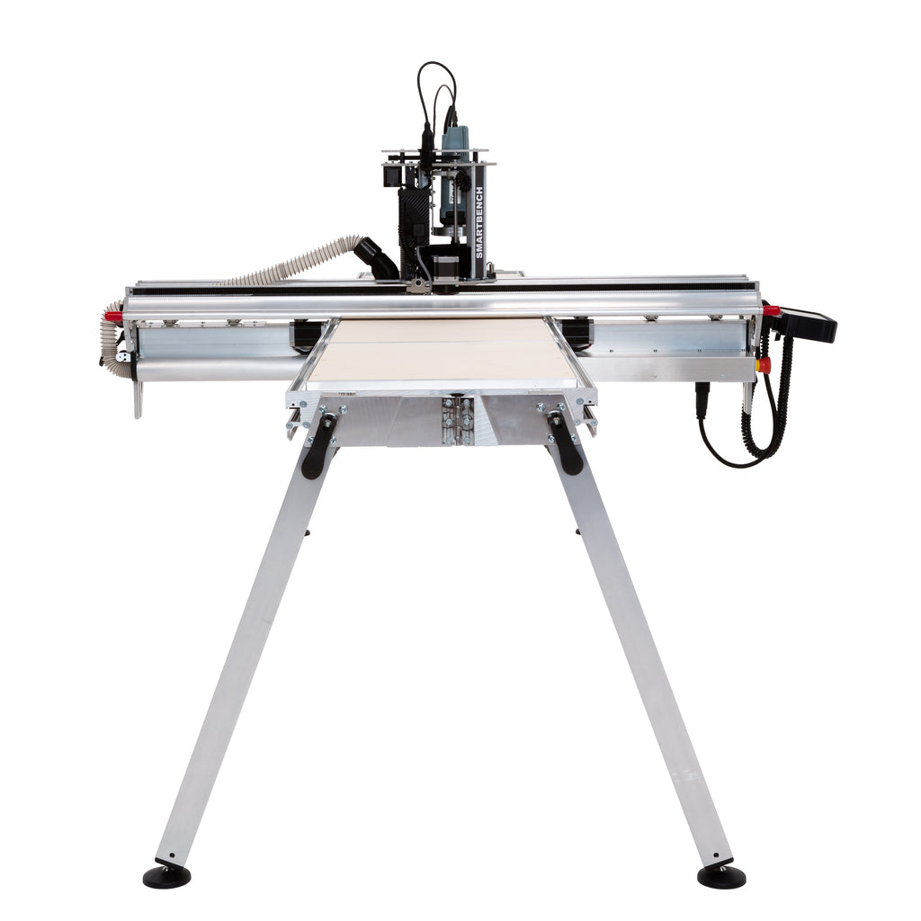 Left end of Yeti Tool's portable, collapsable SmartBench PrecisionPro CNC Router showing X axis assembly and folding legs.