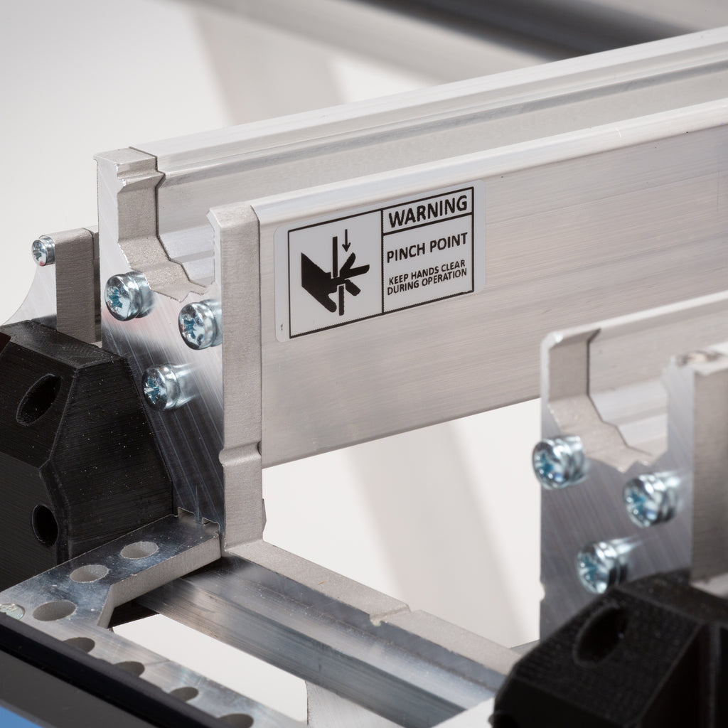 End view of Yeti Tool SmartBench custom aluminum extrusions for the X axis rails, with a pinch point labelled.