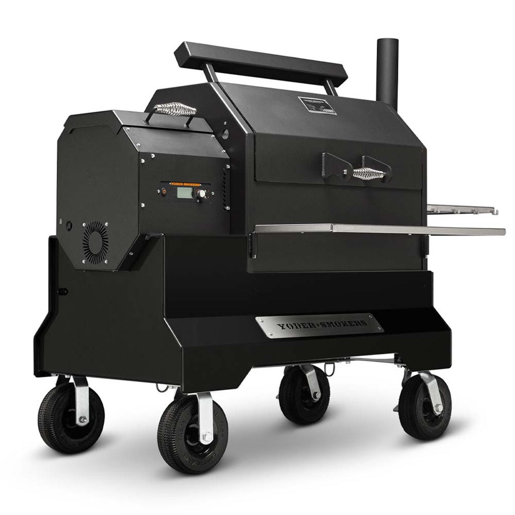 Black YS480 Pellet Grill on Competition Cart showing food compartment, pellet hopper, stainless steel shelves.