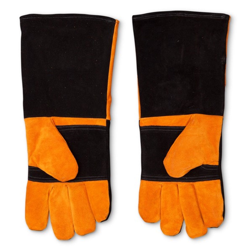 Bottom of Yoder Smokers long leather barbecue gloves, showing two-tone design, long cuff, fingers and thumbs.