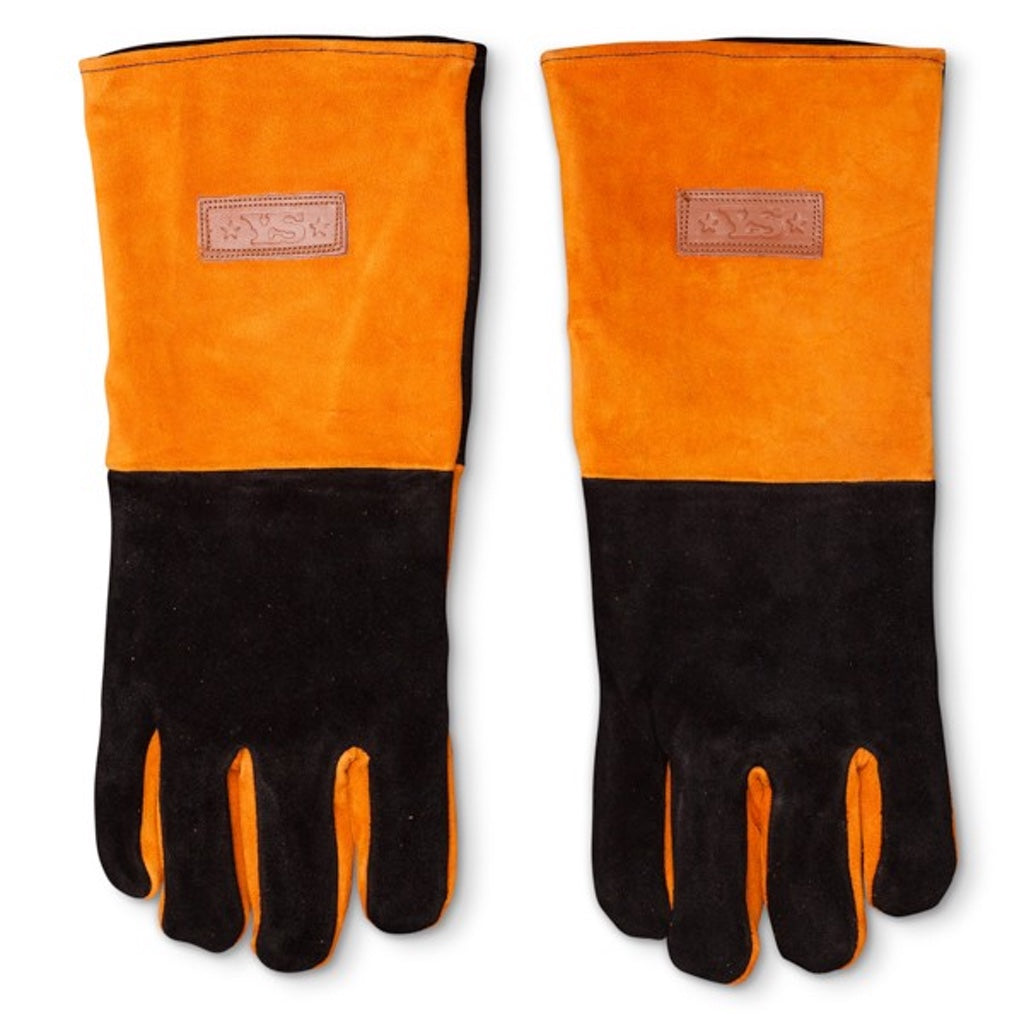 Top of Yoder Smokers long leather barbecue gloves, showing two-tone design and stitched on brand.