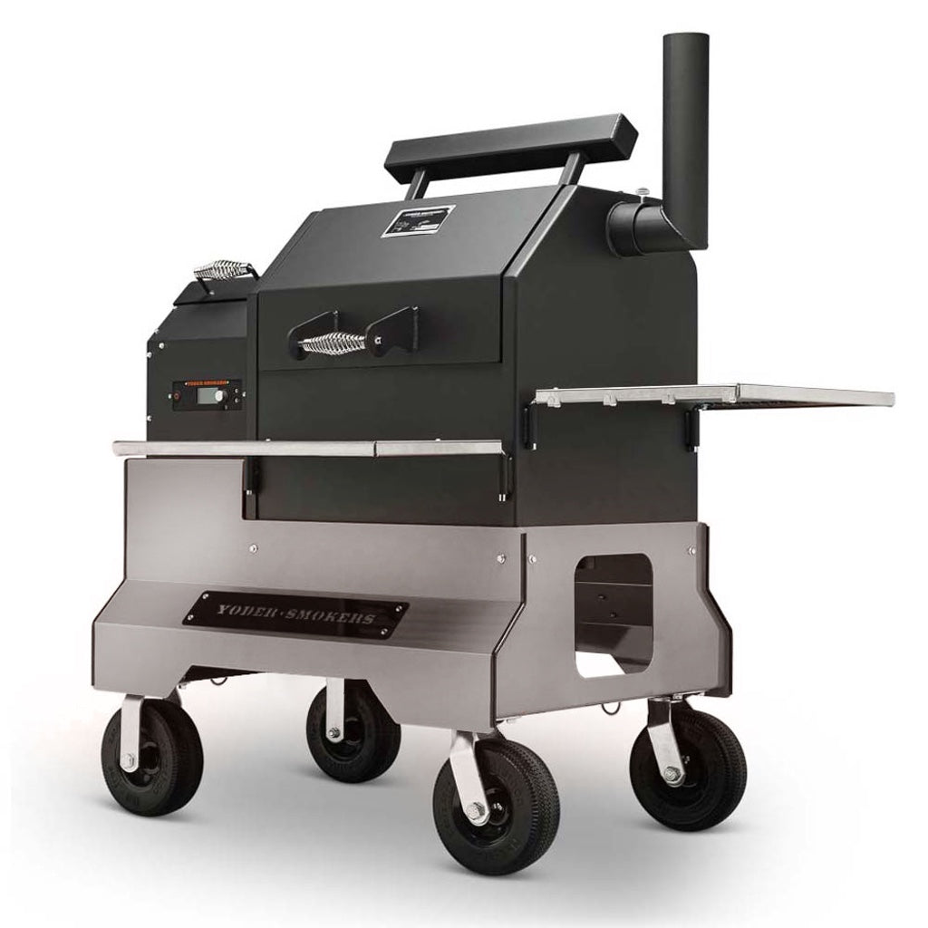 YS480 Pellet Grill on silver Competition Cart showing food compartment, pellet hopper, stainless steel shelves.