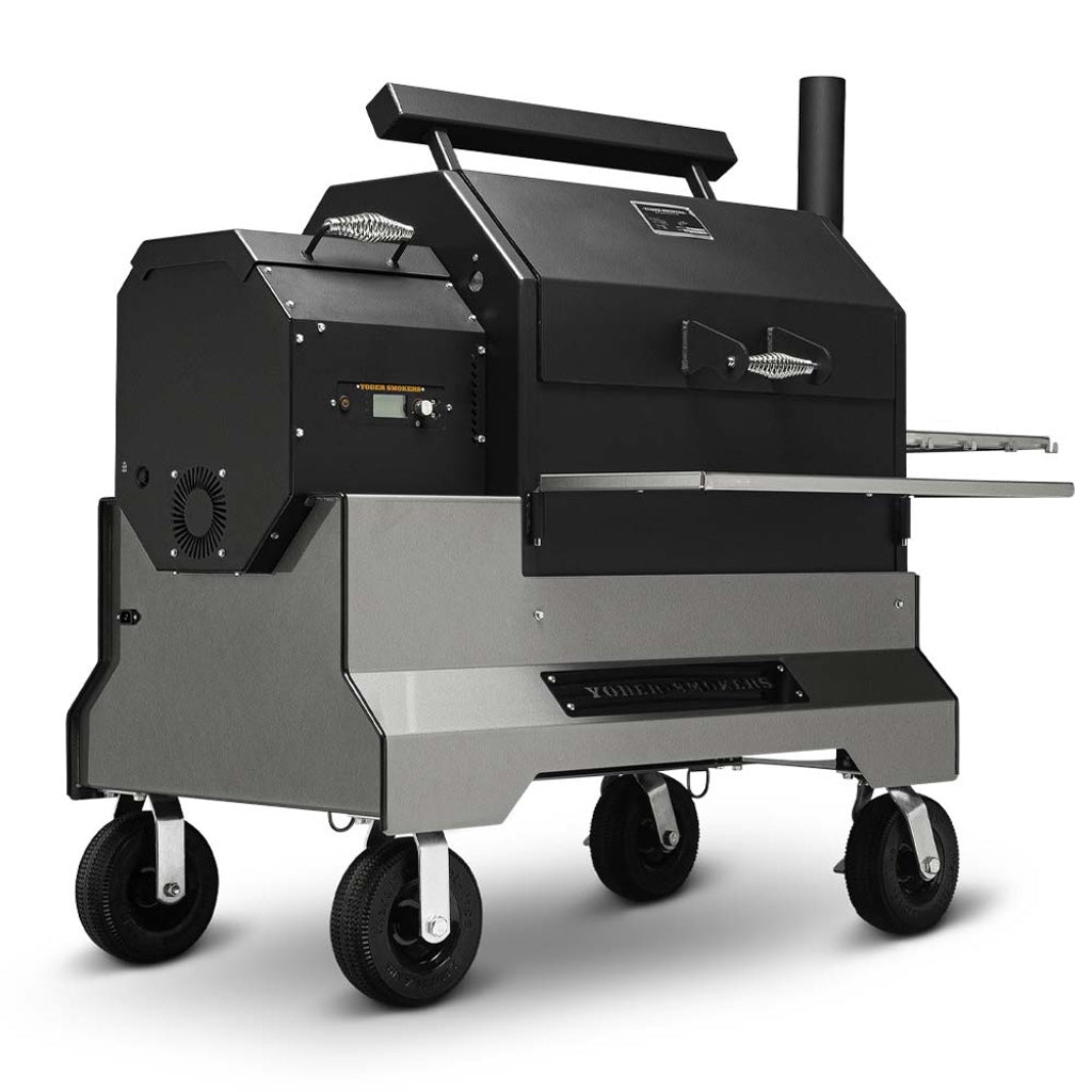 Front left view of the Yoder Smokers YS640S Pellet Grill on silver Competition Cart with pneumatic wheels.