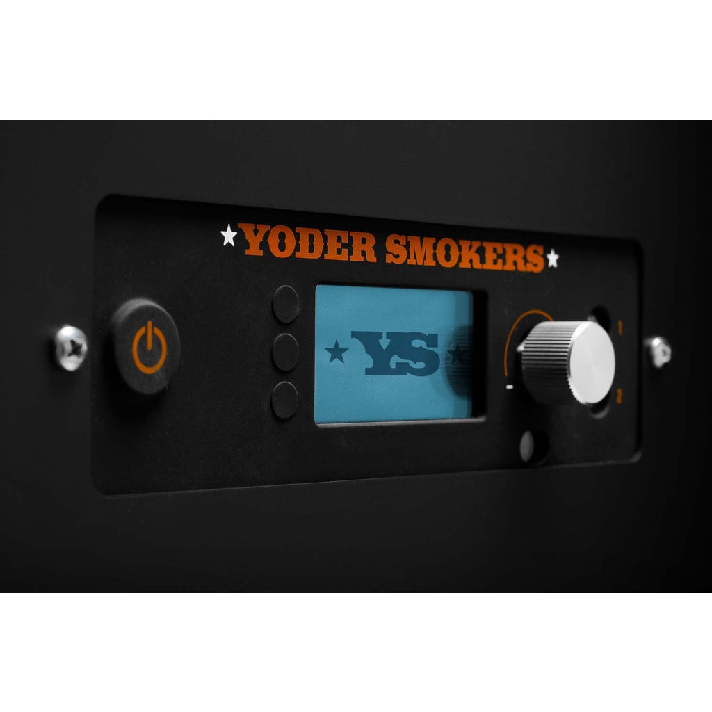 Control panel of the Yoder Smokers YS1500S Pellet Grill with power button, adjustment knob, and two food probe ports.