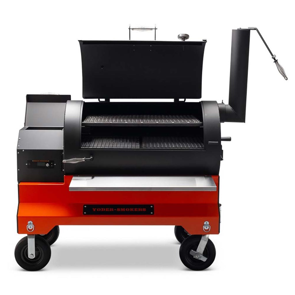 Front view of Yoder Smokers YS1500S Pellet Grill with cooking compartment and pellet hopper lids open.