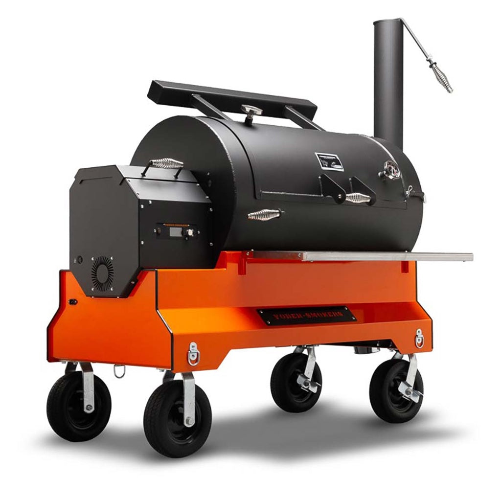 Front left view of Yoder Smokers YS1500S Pellet Grill on orange Competition Cart with pneumatic wheels.