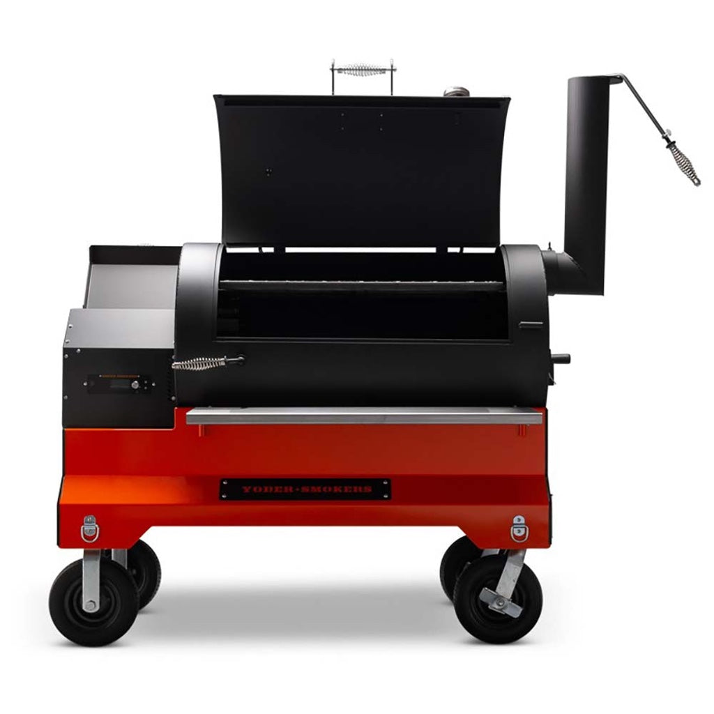 Front view of Yoder Smokers YS1500S Pellet Grill with cooking compartment and pellet hopper lids open.
