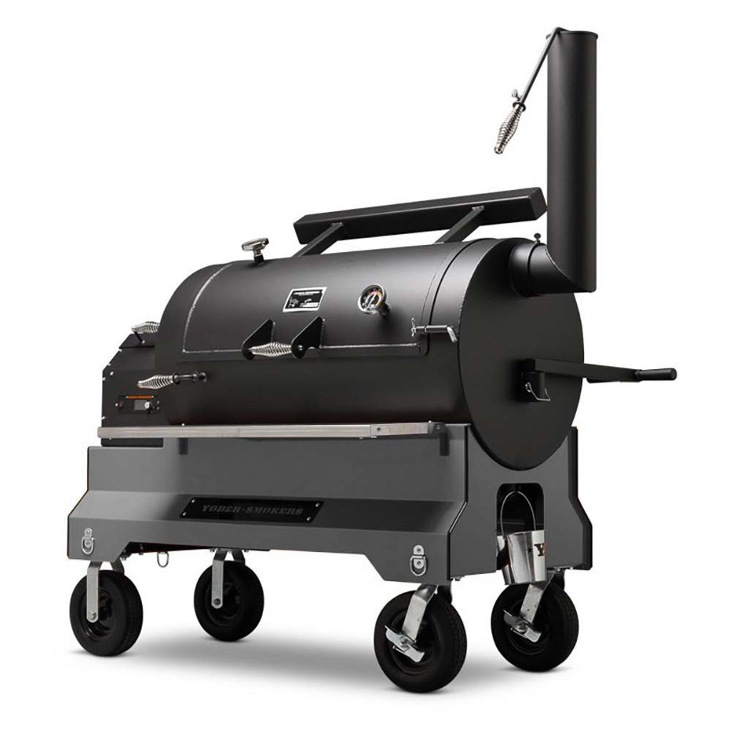 Front right view of Yoder Smokers YS1500S Pellet Grill on silver Competition Cart with pneumatic wheels.