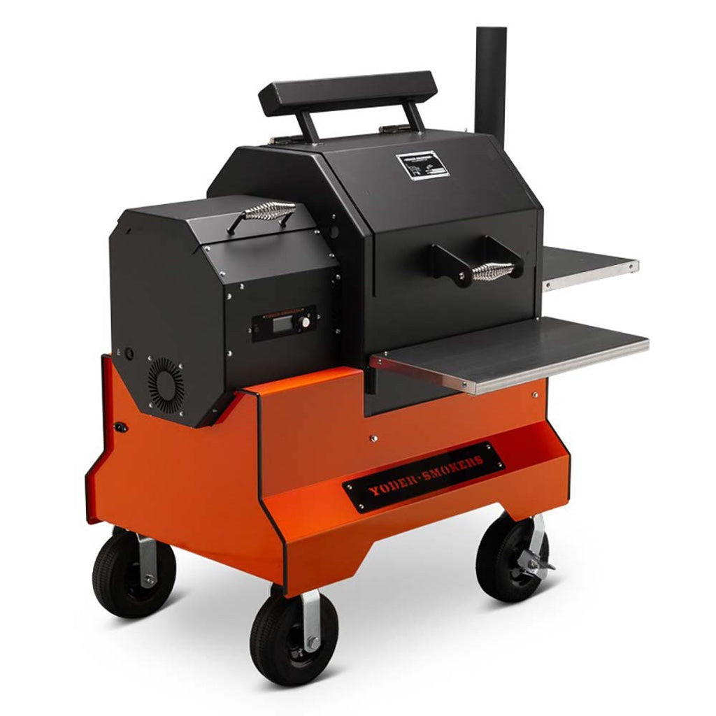 Front left view of YS480 Pellet Grill showing food compartment, pellet hopper, stainless steel shelves, competition cart.
