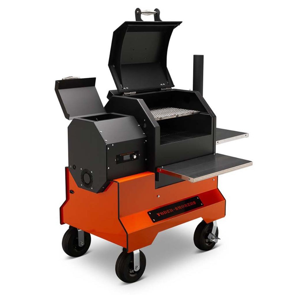 Front left view of YS480 Pellet Grill showing food compartment and pellet hopper open, on competition cart.