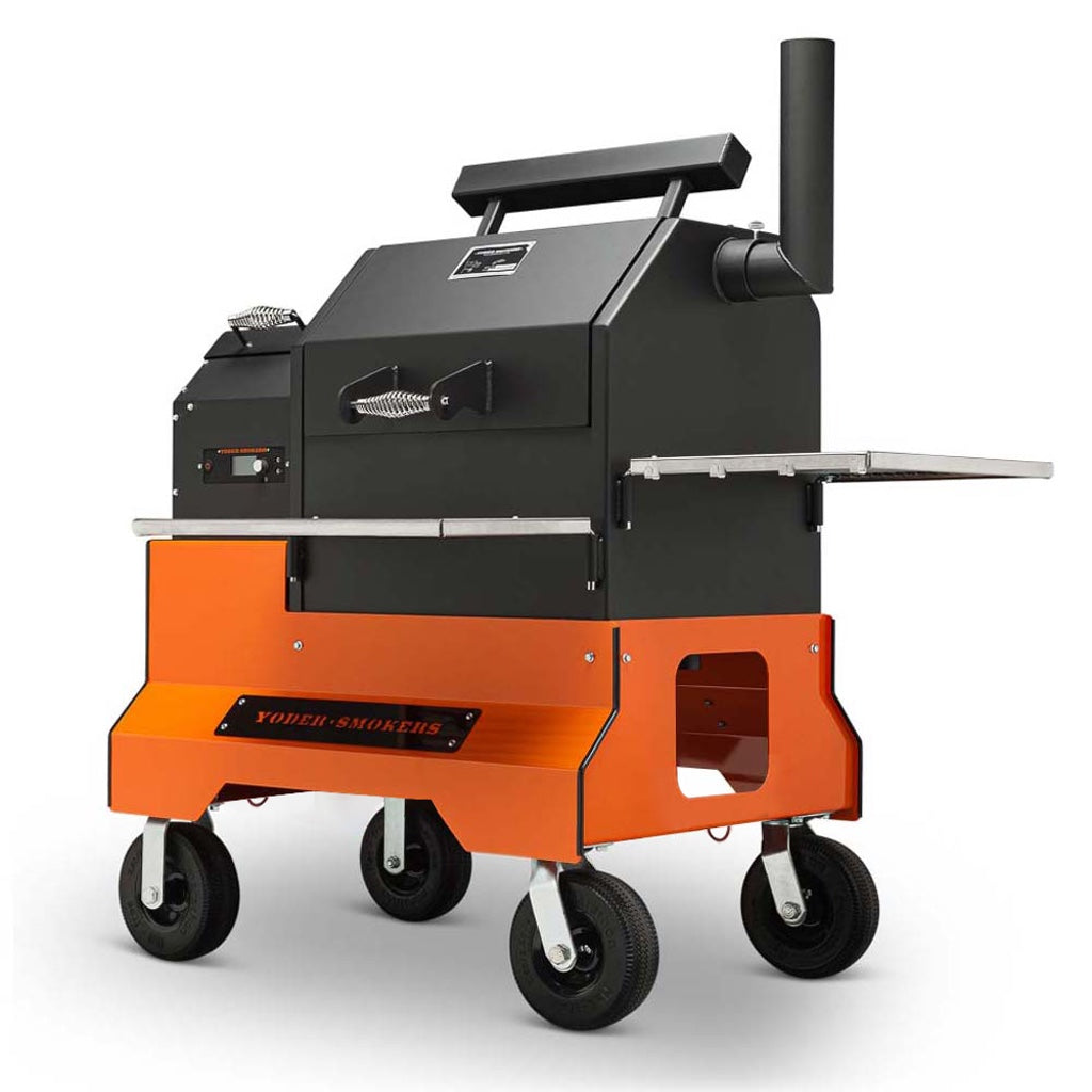 Front right view of YS480 Pellet Grill showing food compartment, pellet hopper, stainless steel shelves, competition cart.