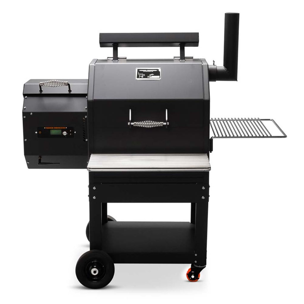 Front view of YS480 Pellet Grill showing food compartment, pellet hopper, chrome plated wire shelves.