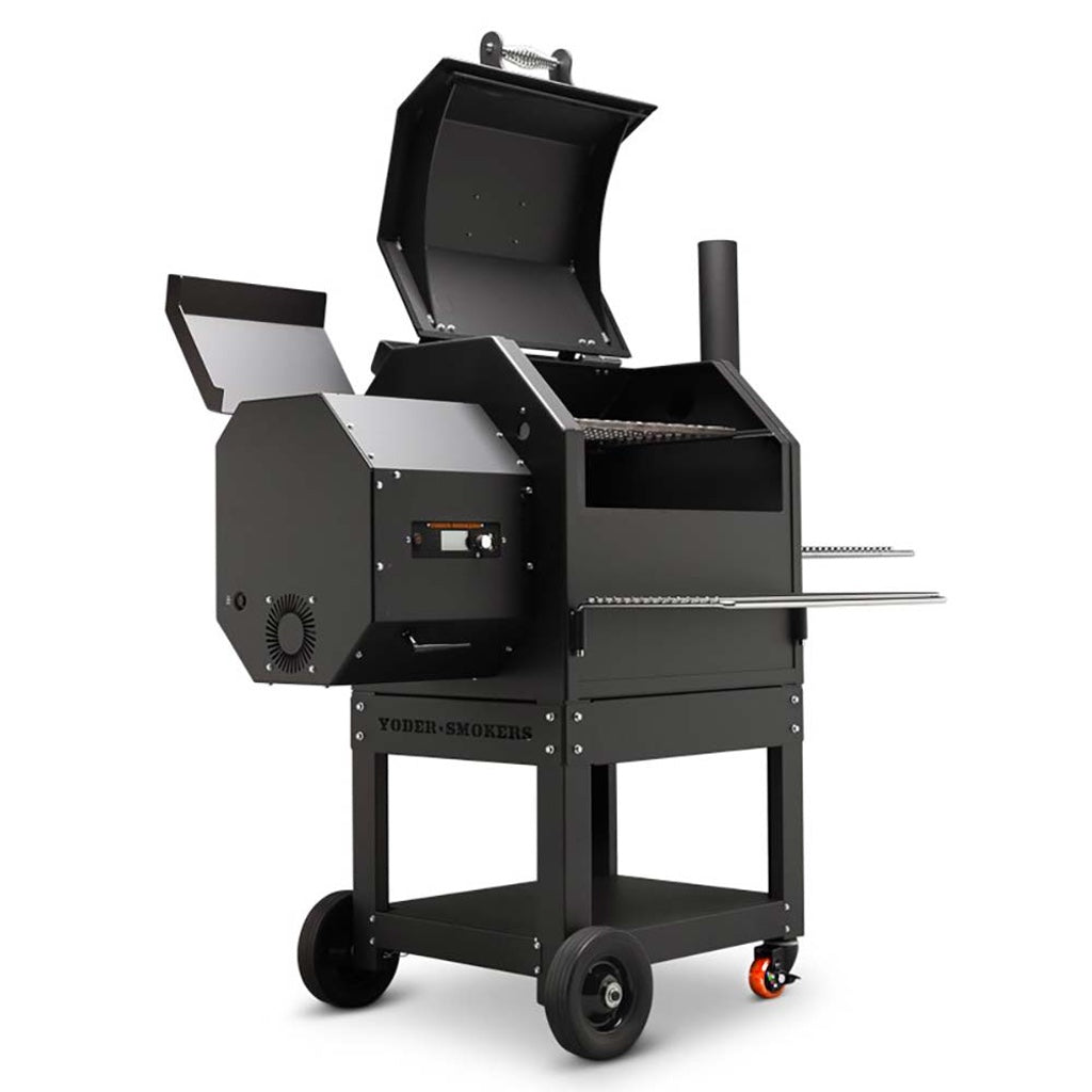 Front left view of YS480 Pellet Grill showing food compartment and pellet hopper open. Steel base w/ heavy duty wheels.