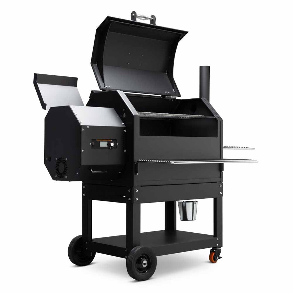 Front left view of Yoder Smokers YS640S Pellet Grill with pellet hopper and food compartment lids open.