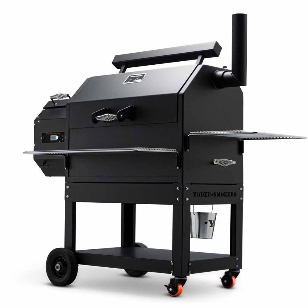 Front right view of Yoder Smokers YS640S Pellet Grill. Pellet hopper with controls, wheeled steel stand, wire shelves.