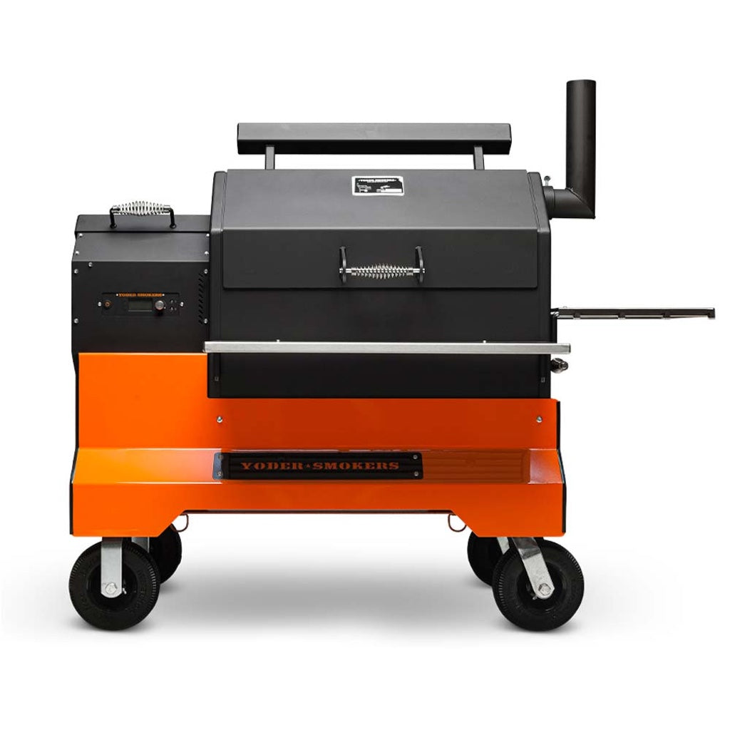 Front view of the Yoder Smokers YS640S Pellet Grill on orange Competition Cart with pneumatic wheels.