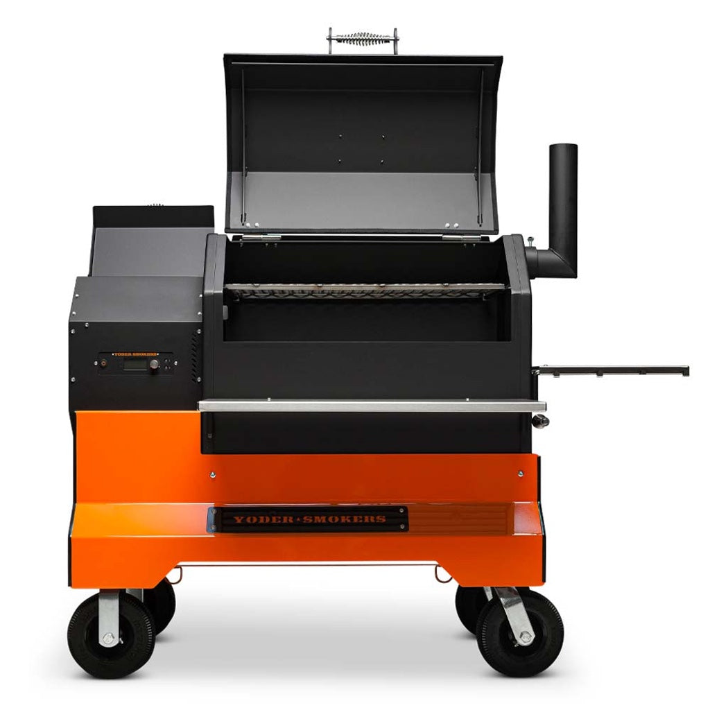 Front view of the Yoder Smokers YS640S Pellet Grill with cooking compartment and pellet hopper lids open.