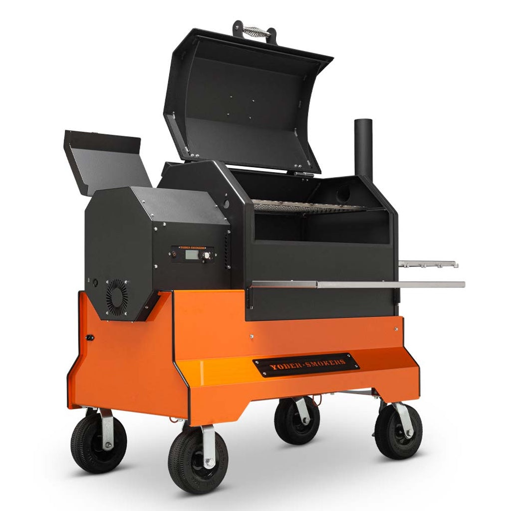 Front left view of the Yoder Smokers YS640S Pellet Grill with cooking compartment and pellet hopper lids open.