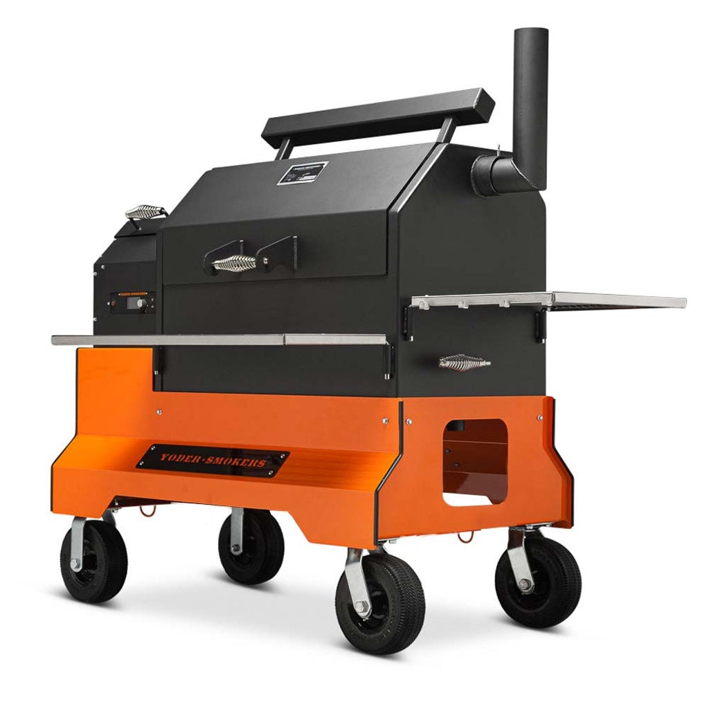 Front right view of the Yoder Smokers YS640S Pellet Grill on orange Competition Cart with pneumatic wheels.