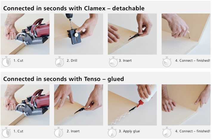 Steps for installing Lamello detachable Clamex and glued-in Tenso connectors.