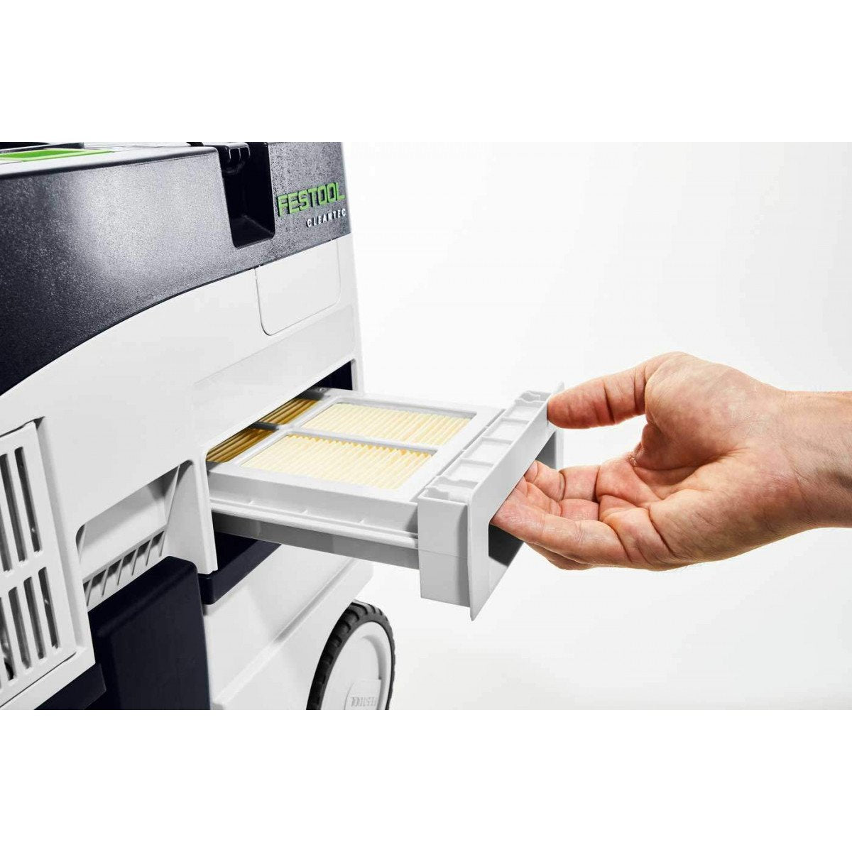 The HEPA filter is accessible from the outside via a drawer for easy inspection or replacement.