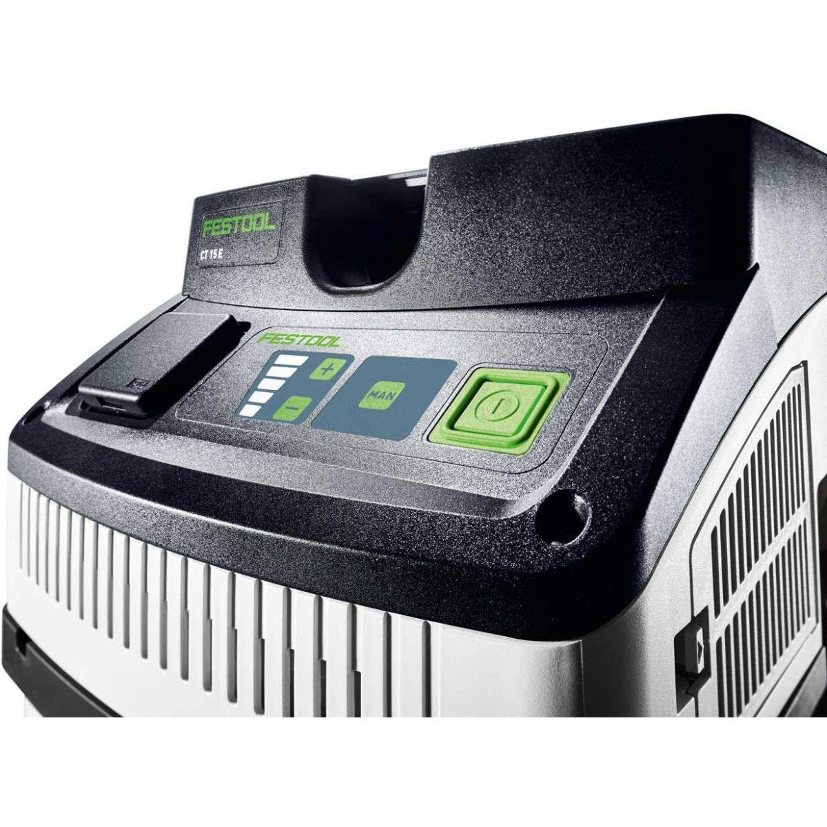 Festool CT 15 HEPA Dust Extractor - Ultimate ToolsPower control switch, manual operation, suction control, and power outlet for tool-started switching are on the front panel.