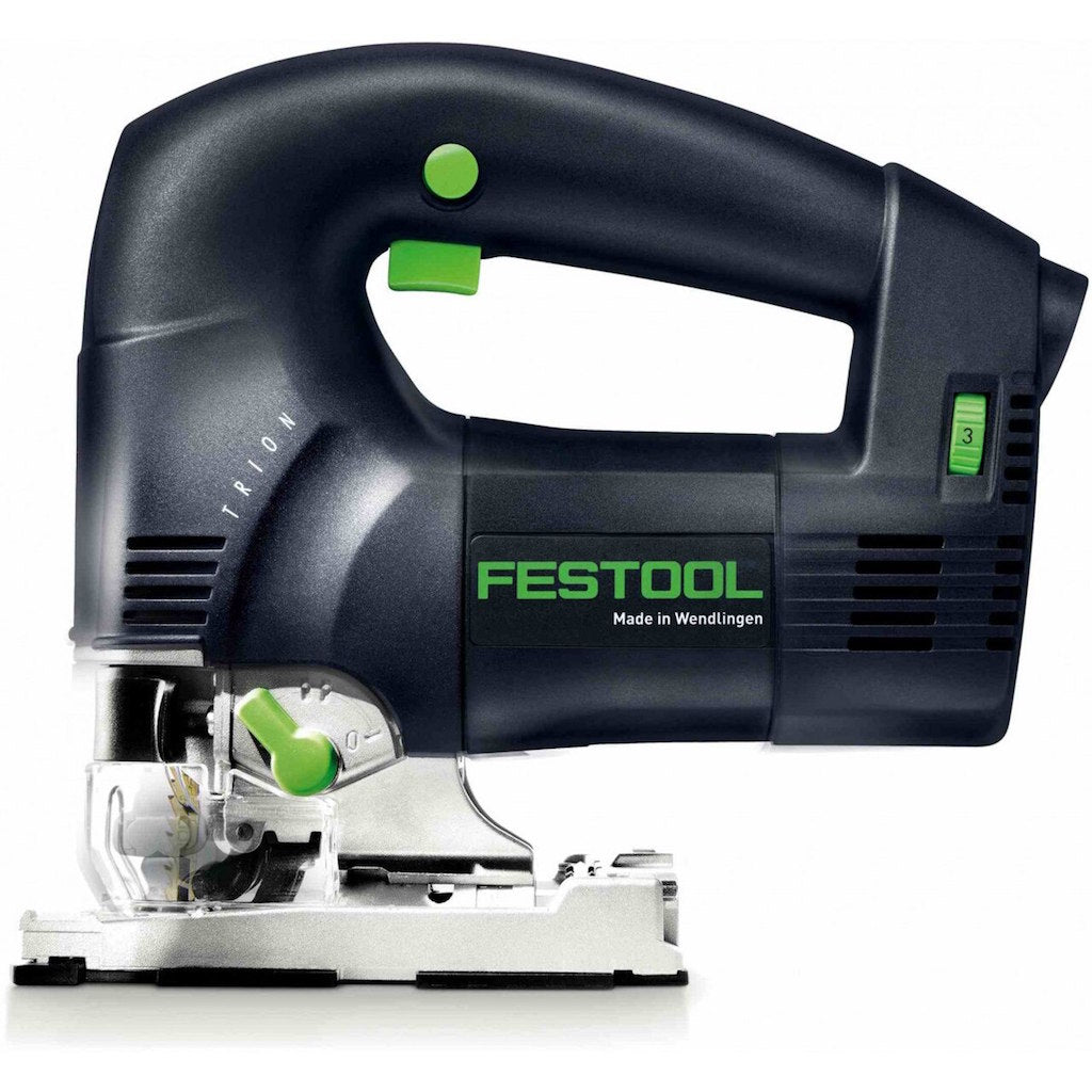 Controls of the Festool PSB 300 D-Handle Jigsaw are green for easy identificaiton. Adjust the speed and orbital action.
