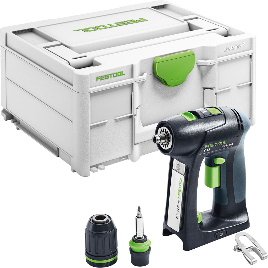 The Festool C 18 Cordless Drill includes belt clip, 1/2" keyless chuck, Centrotec chuck with bit holder, Systainer.