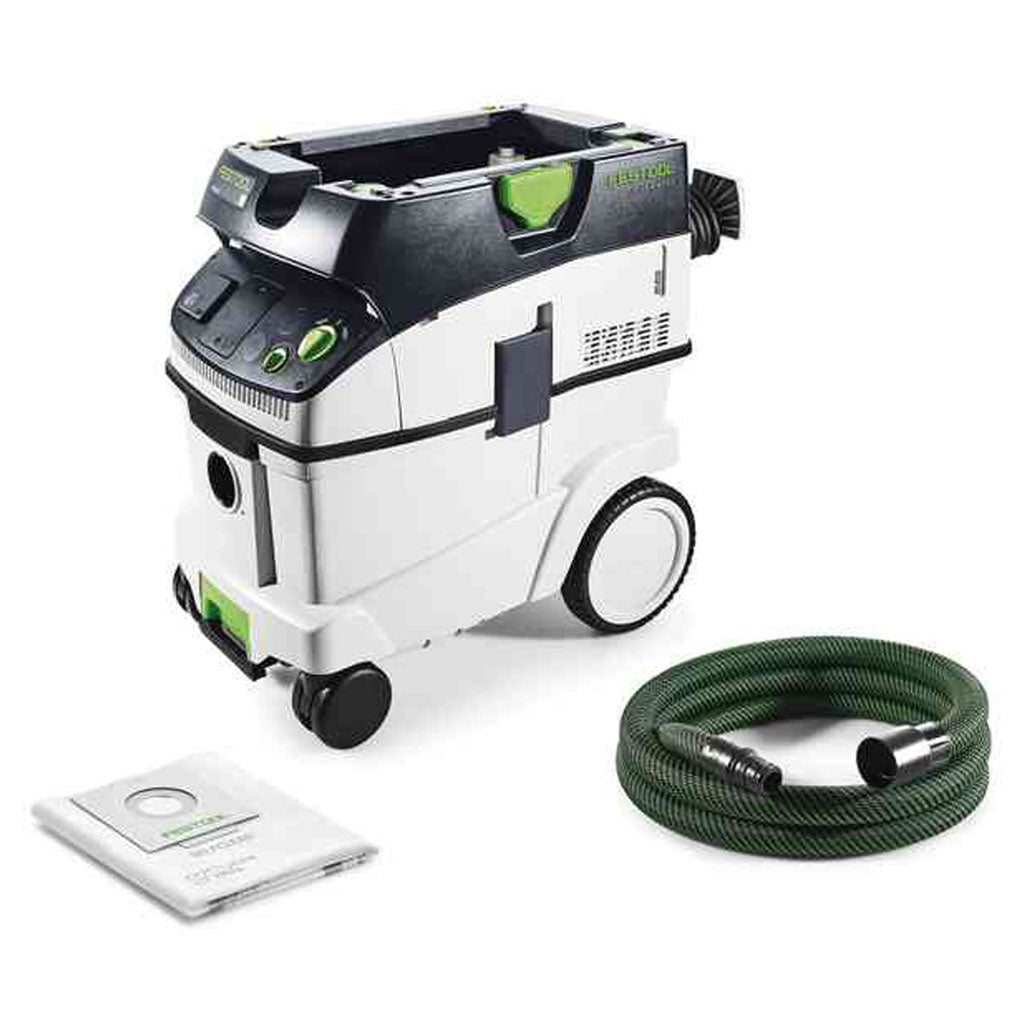 Festool's CT 36 E dust extractor includes a HEPA filter, SELFCLEAN filter bag, smooth 27/32mm tapered 11.5 foot hose