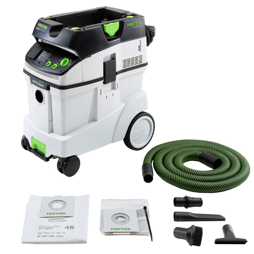 Festool's CT 48 E AC AUTOCLEAN HEPA dust extractor includes tapered hose, cleaning tools, reducer, SELFCLEAN bag, liner.