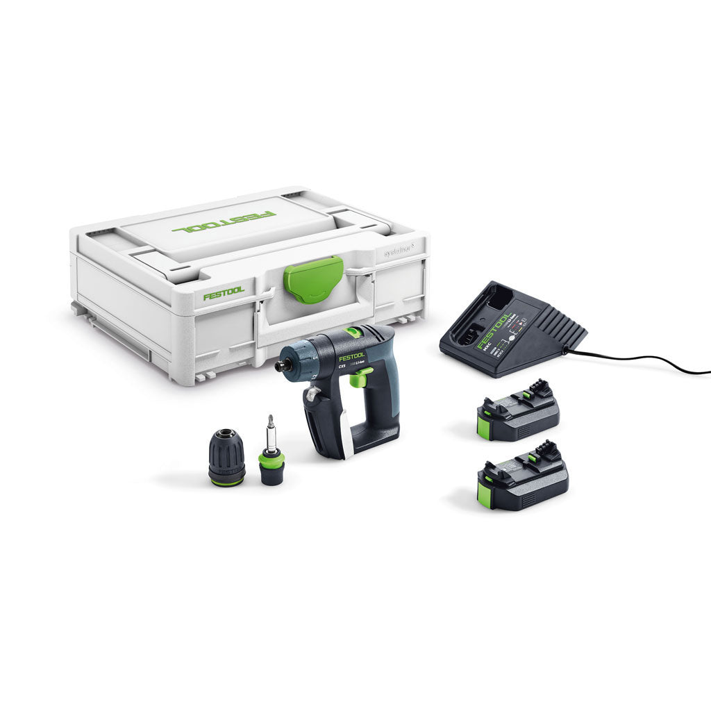 The Festool CXS Cordless Drill Plus includes Systainer, 2 batteries, charger, CENTROTEC, and keyless 3/8" chucks.