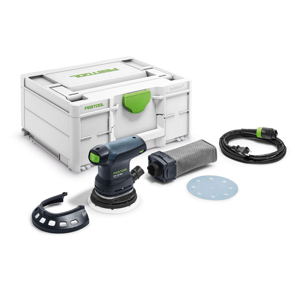The Festool ETS 125 REQ random orbit sander includes edge guard, longlife dust bag, Plug-it power cable, and Systainer