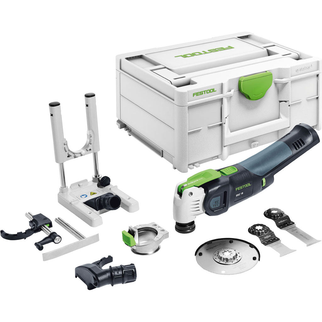 The Festool OSC 18 VECTURO Basic Set includes Plunge Guide, Depth Stop, Dust Collection, Systainer, round and plunge blades