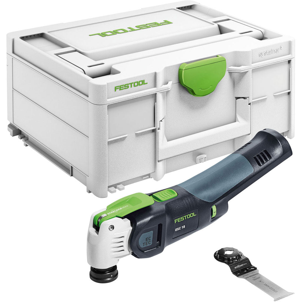 The Festool OSC 18 VECTURO Basic includes variable speed oscillating tool, Systainer storage case, and straight plunge blade