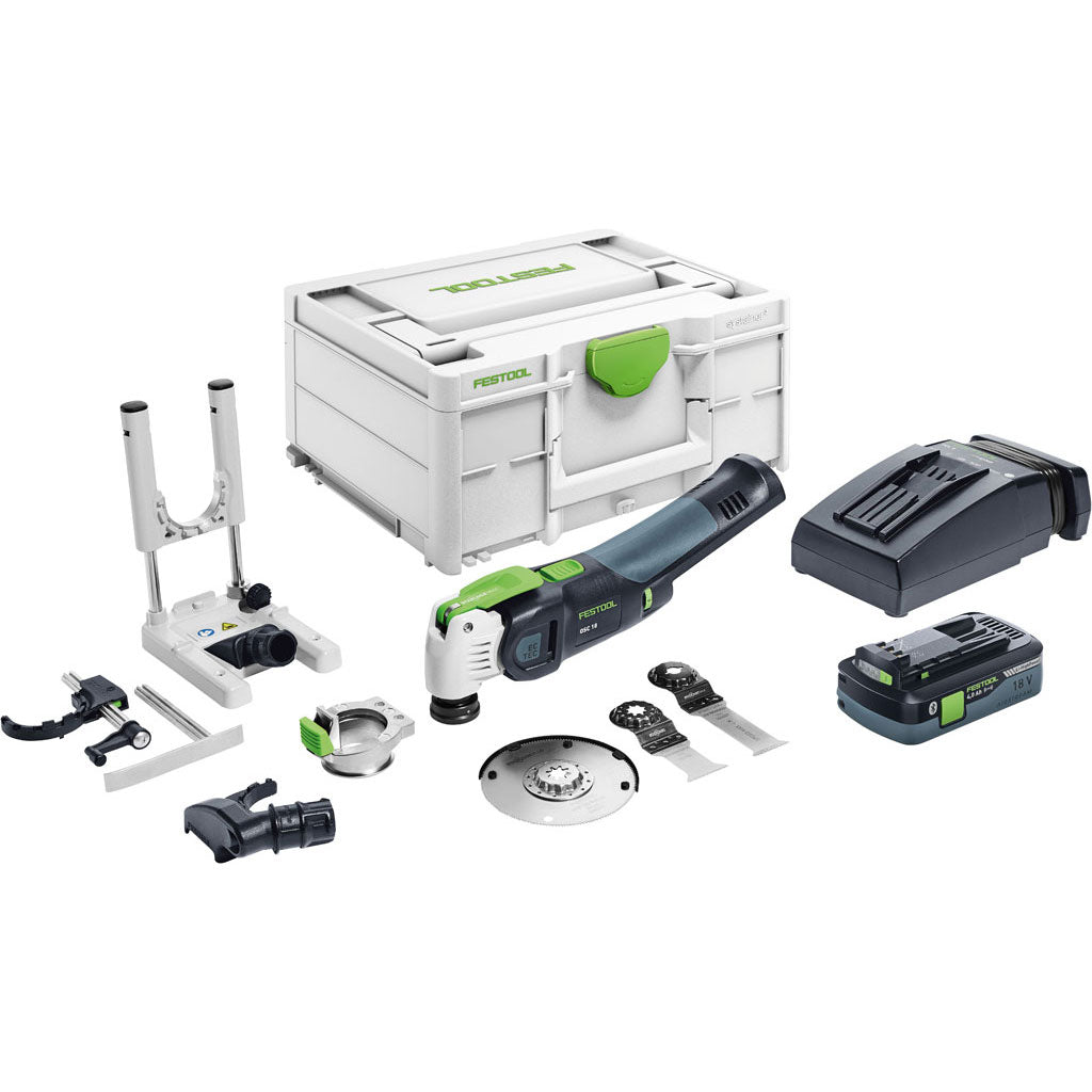 The Festool OSC 18 VECTURO Set includes Plunge Guide, Depth Stop, Dust Collection, Systainer, battery, charger, blades