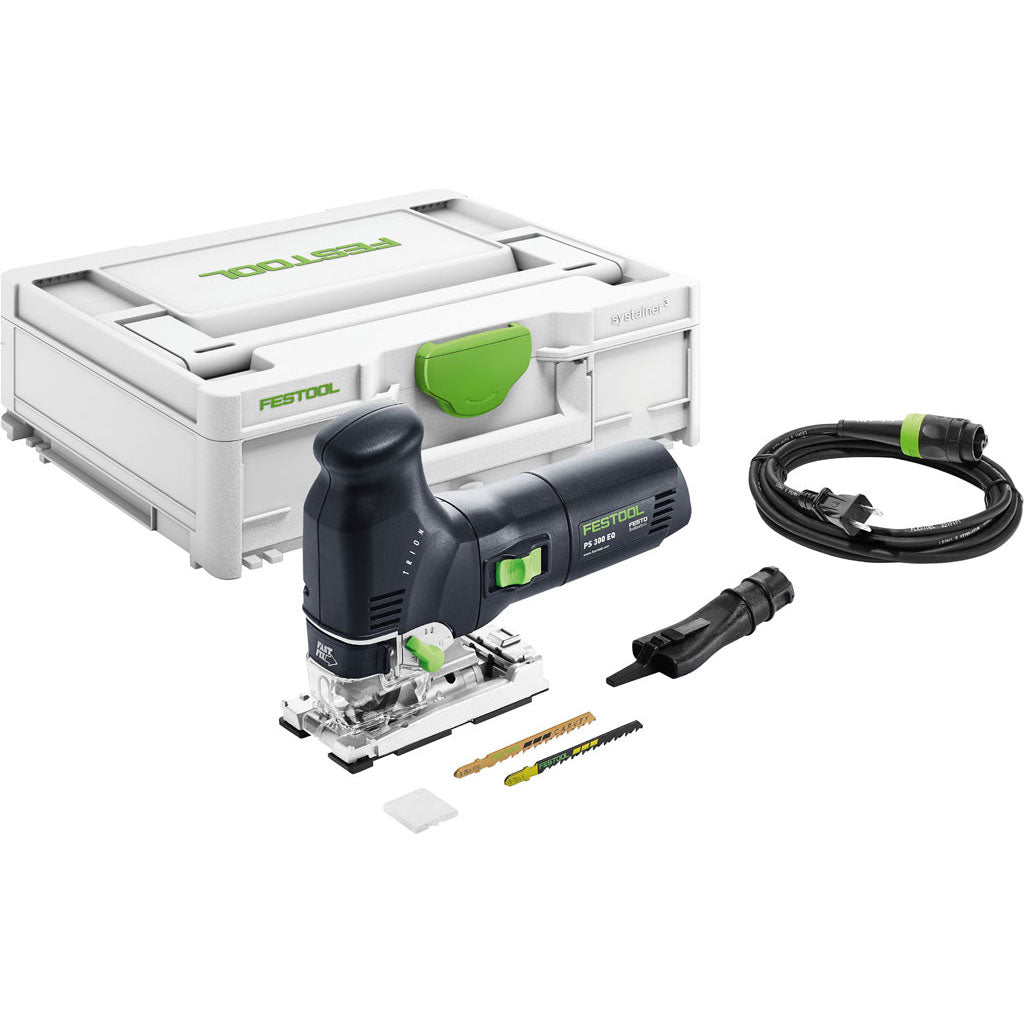 The Festool PS 300 Trion Barrel Grip Jigsaw includes Systainer, dust port, Plug-it cable, splinterguard, and saw blades.