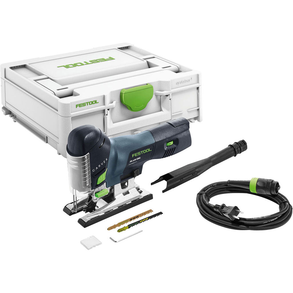 Festool's PS 420 Carvex Jigsaw includes Systainer, Plug-it cable, dust extraction tube, splinterguard, two blades, hex key