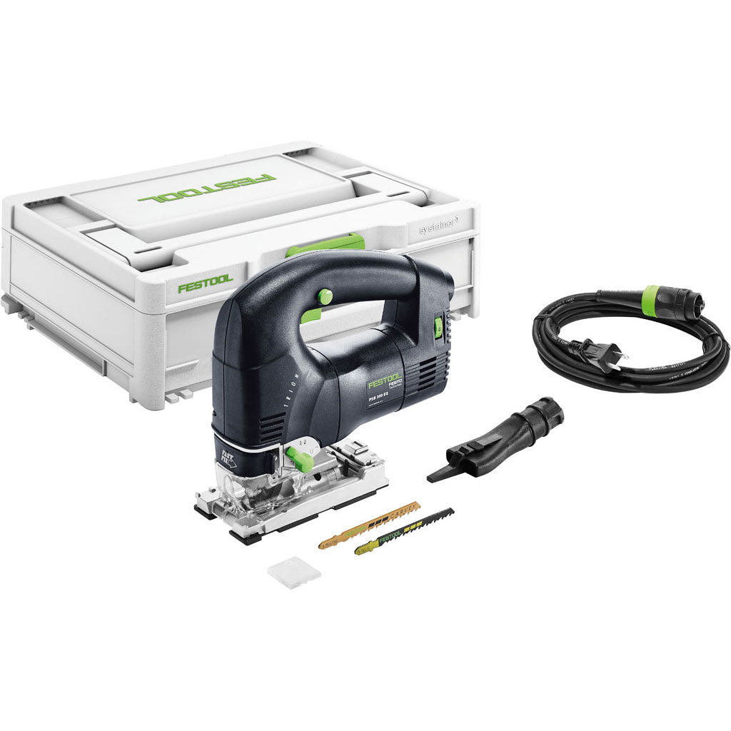 The Festool PSB 300 Trion Barrel Grip Jigsaw includes Systainer, dust port, Plug-it cable, splinterguard, and saw blades.