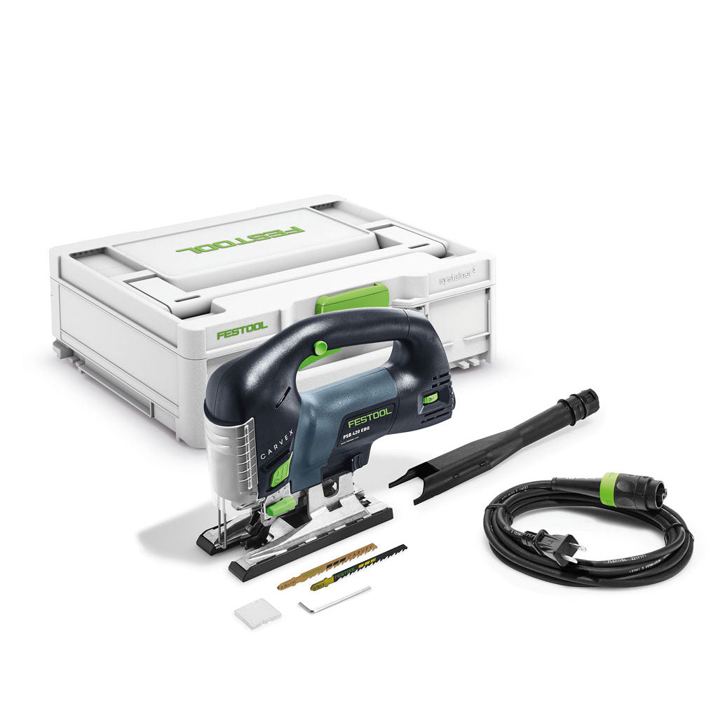 Festool's PSB 420 Carvex Jigsaw includes Systainer, Plug-it cable, dust extraction tube, splinterguard, two blades, hex key