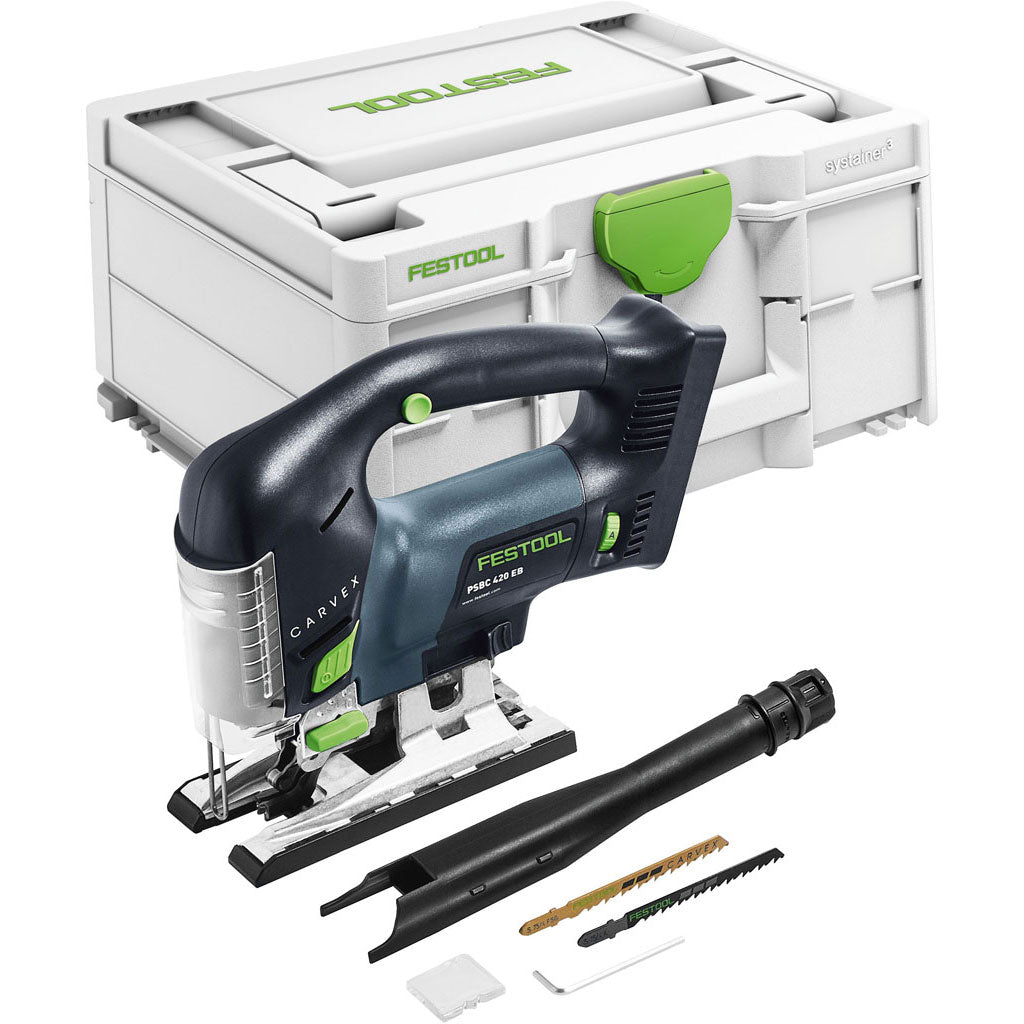 Festool's PSCB 420 Carvex D-Handle Cordless jigsaw includes Systainer, dust extraction tube, splinterguard, hex key, blades