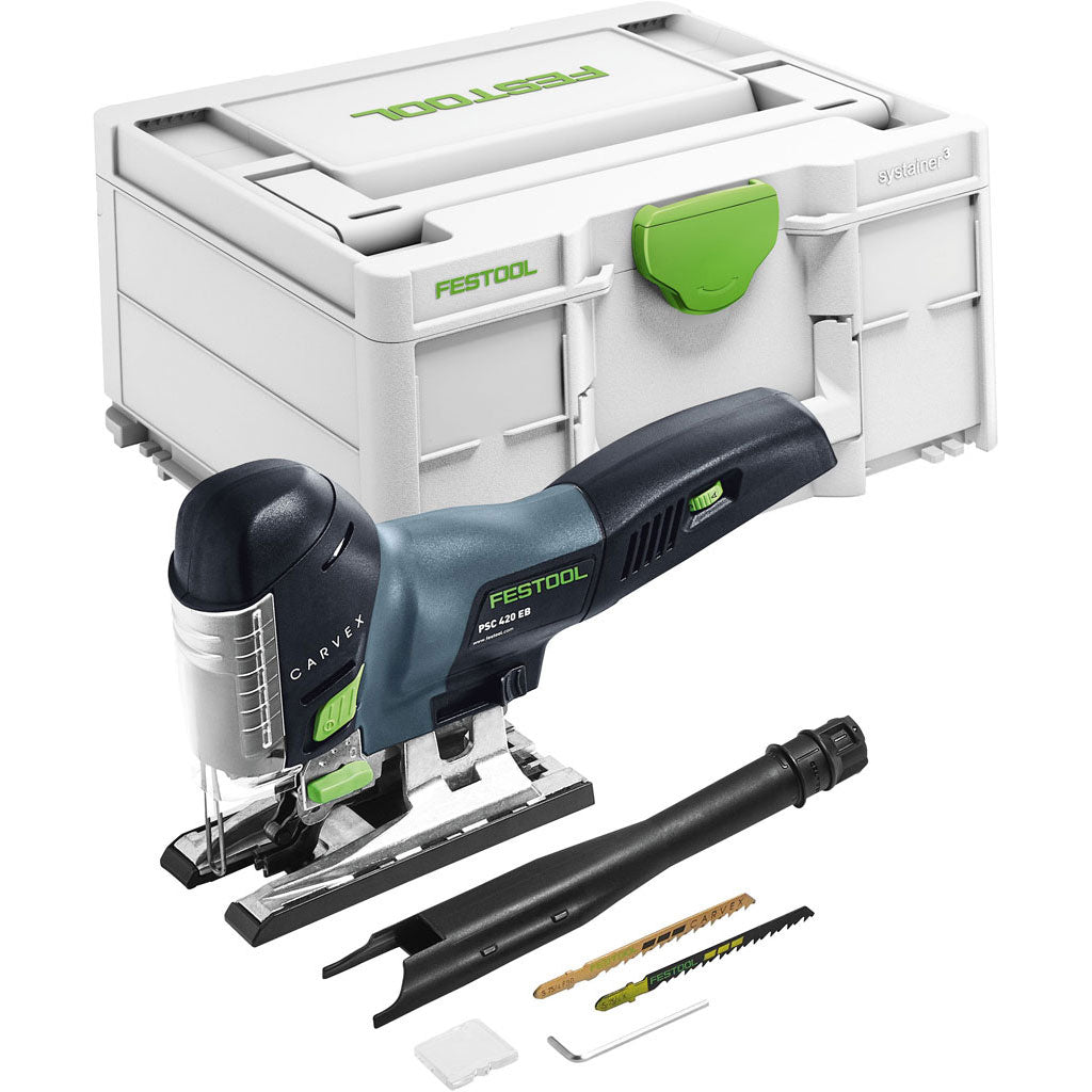 Festool's PSC 420 Carvex Cordless Barrel Grip Jigsaw includes Systainer, dust extraction tube, splinterguard, two blades