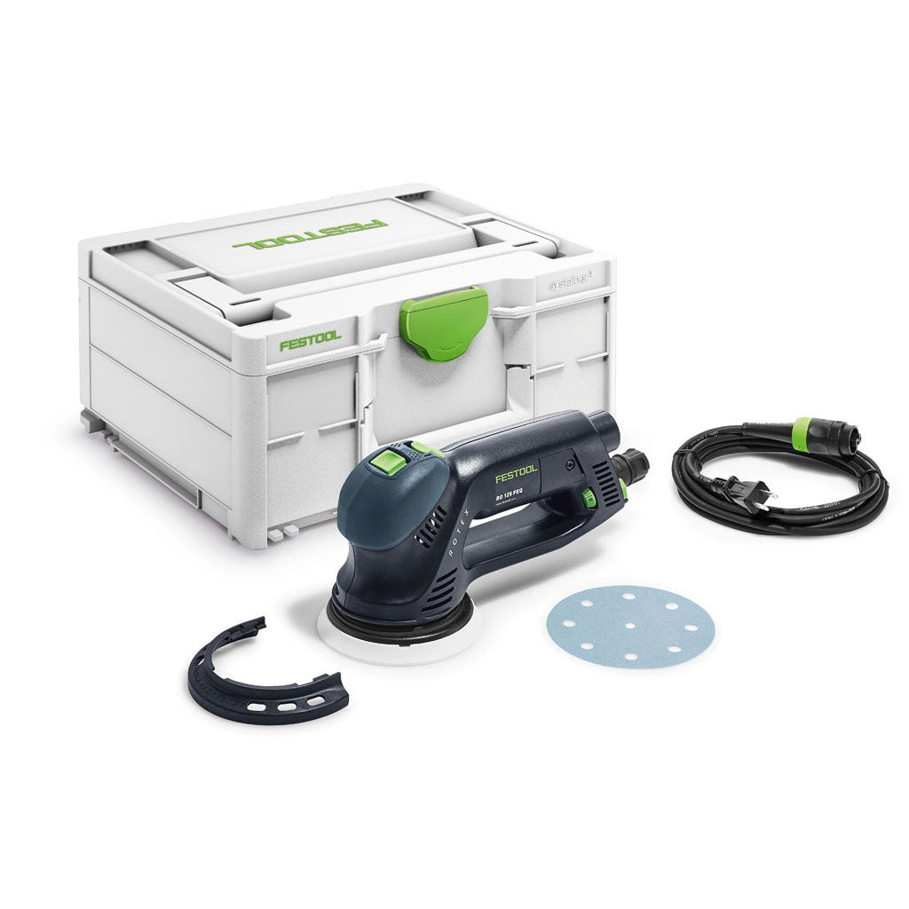 The Festool RO 125 FEQ-Plus Multi-Mode Rotex Sander includes edge protector, soft sanding pad, Plug-it cable, and Systainer.